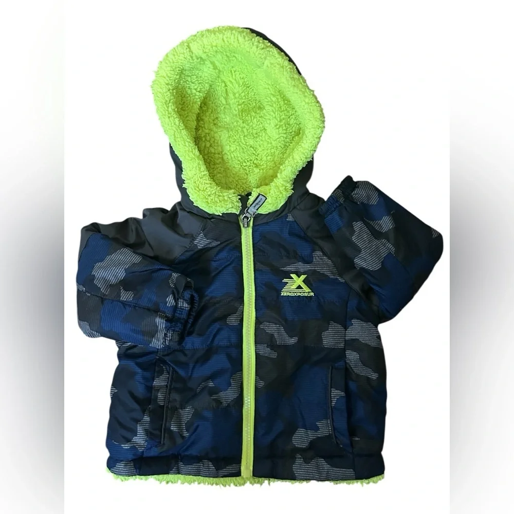 ZeroXposur Boys Blue Camo Neon Sherpa Hooded Puffer Winter Coat 12M